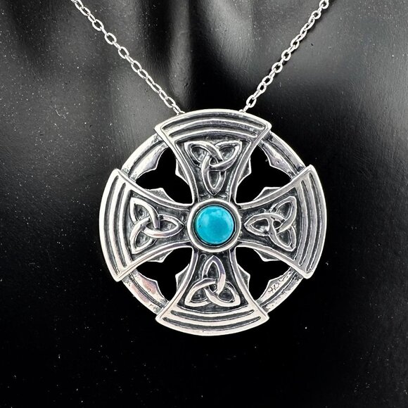 Natural Turquoise Gem in Sterling Silver Celtic Cross - Pendant with Chain - Picture 2 of 7